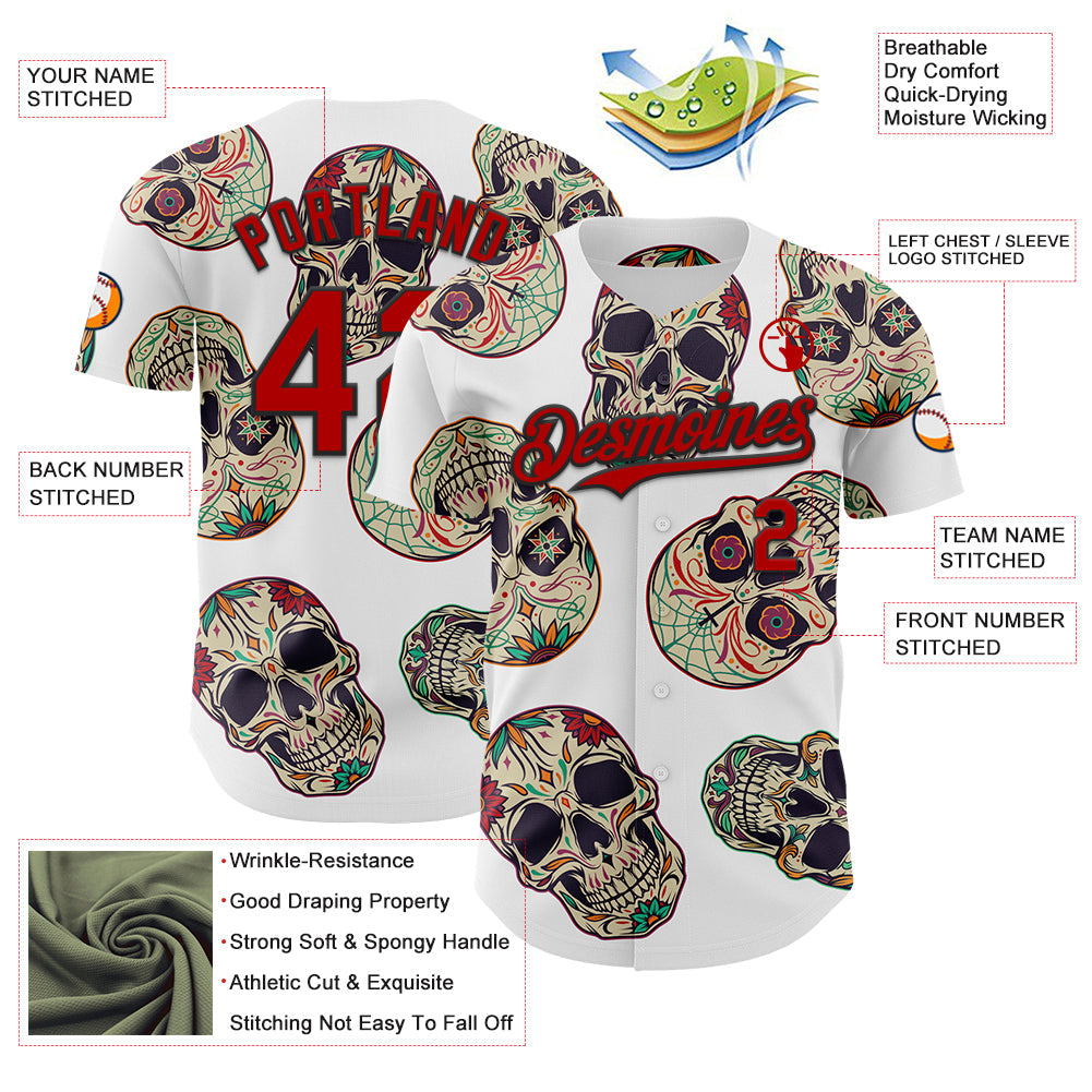 Custom White Red-Black 3D Mexican Skull Authentic Baseball Jersey view 3
