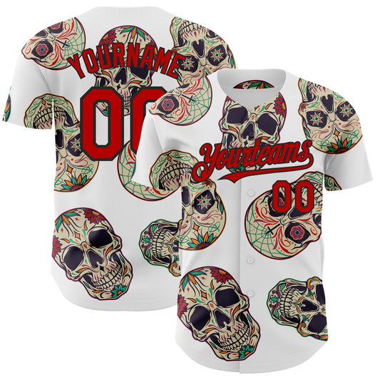 Custom White Red-Black 3D Mexican Skull Authentic Baseball Jersey - Main View