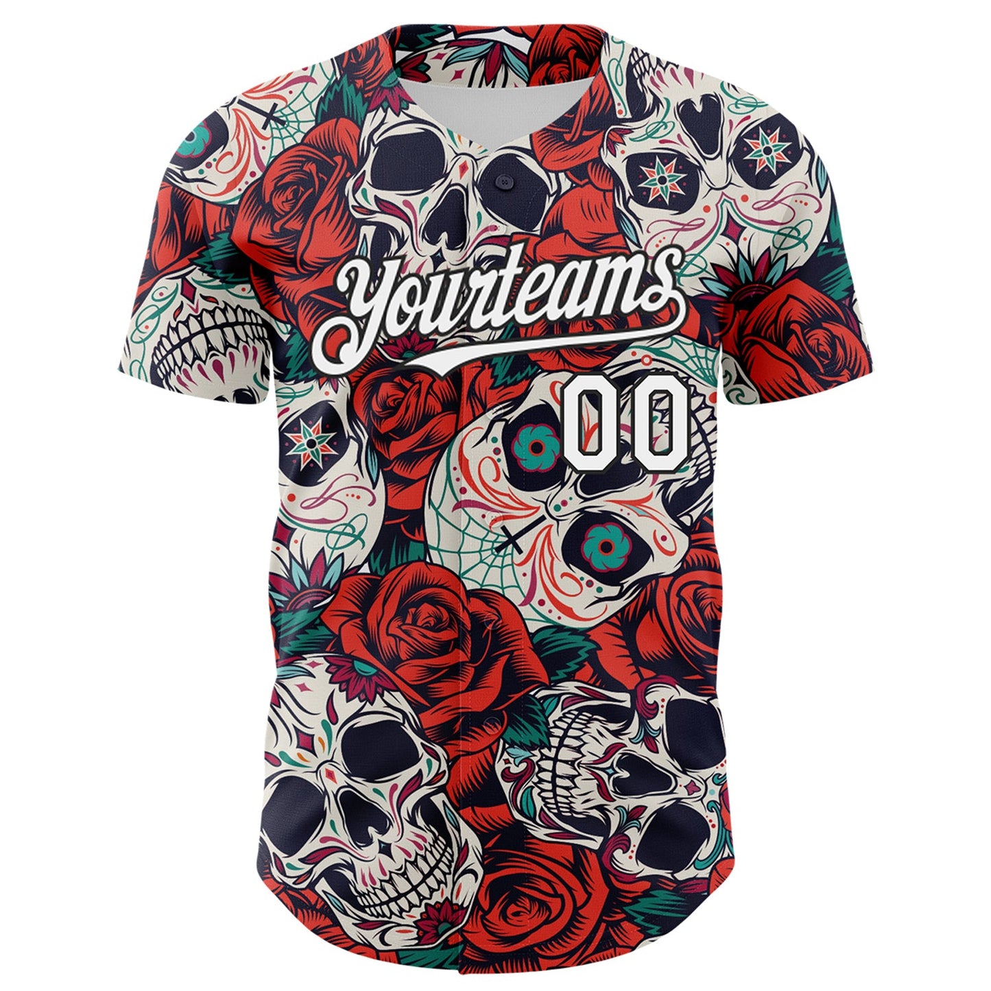 Custom White Black 3D Mexican Skull And Flower Authentic Baseball Jersey view 2