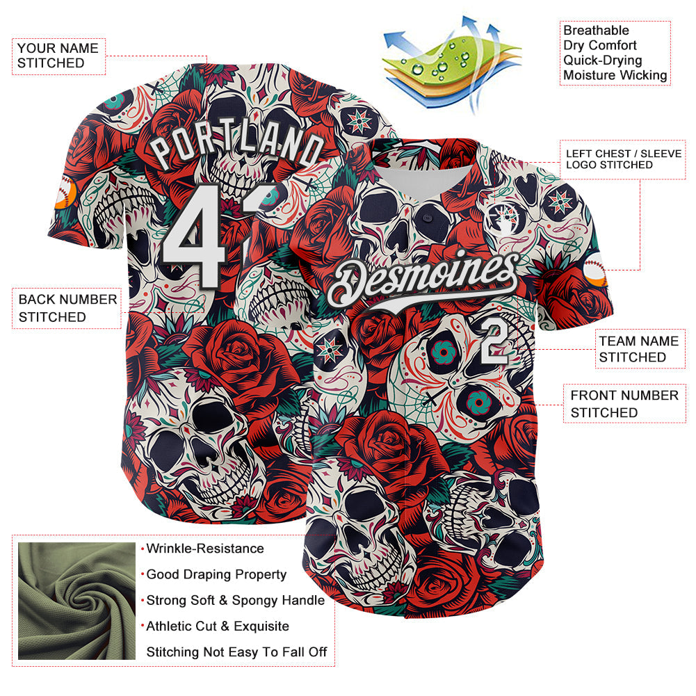 Custom White Black 3D Mexican Skull And Flower Authentic Baseball Jersey view 3