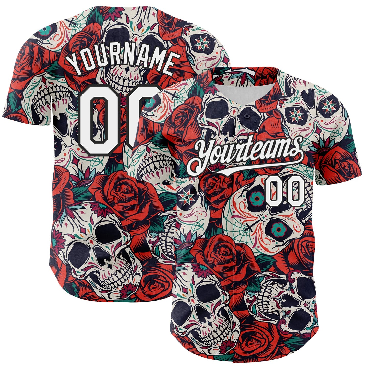 Custom White Black 3D Mexican Skull And Flower Authentic Baseball Jersey - Main View