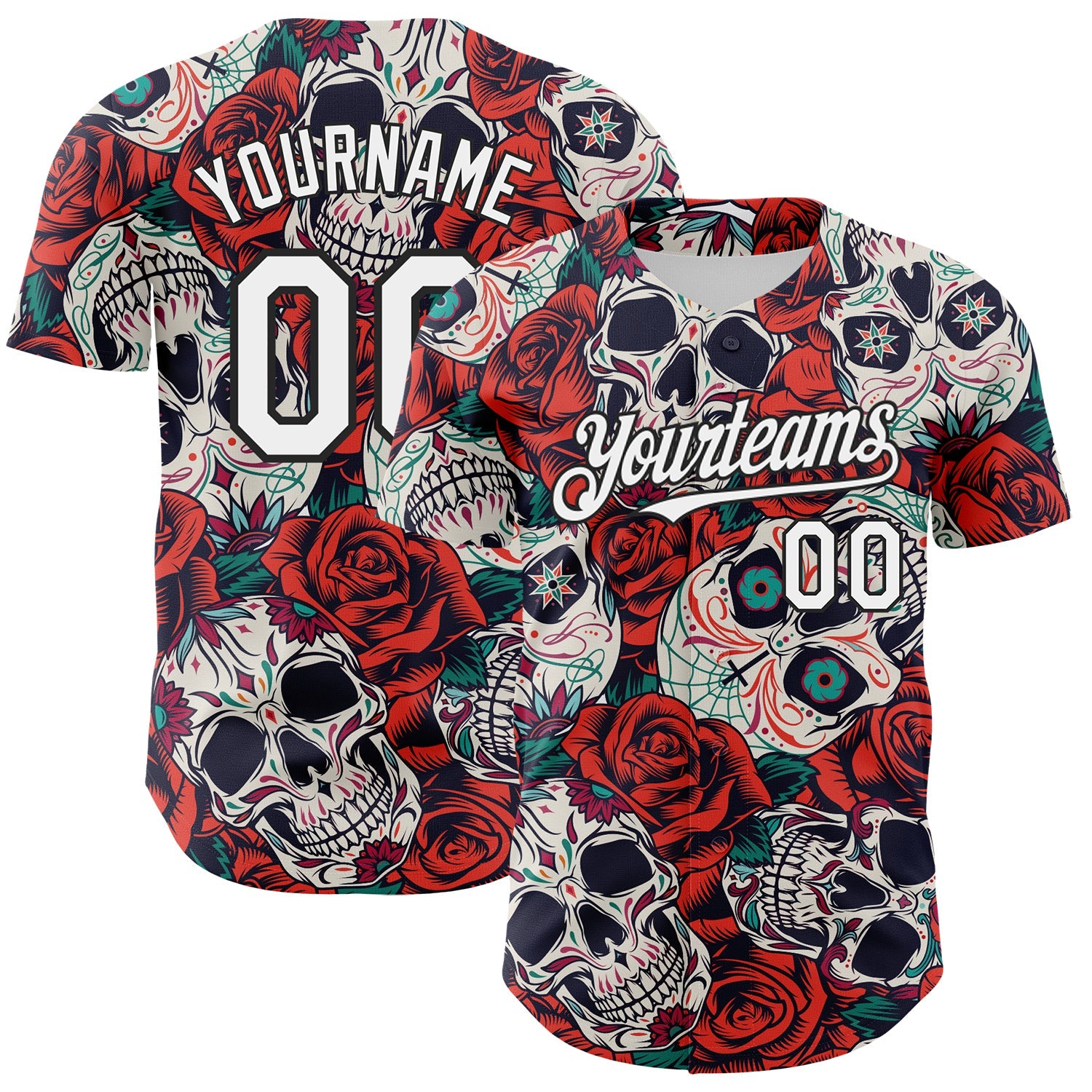 Custom White Black 3D Mexican Skull And Flower Authentic Baseball Jersey - Main View