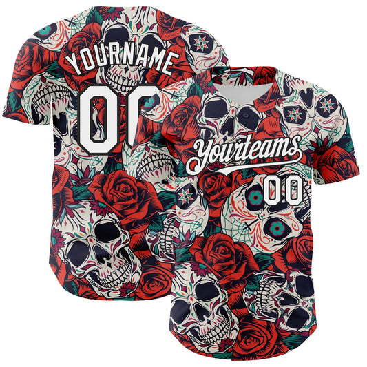 Custom White Black 3D Mexican Skull And Flower Authentic Baseball Jersey - Main View