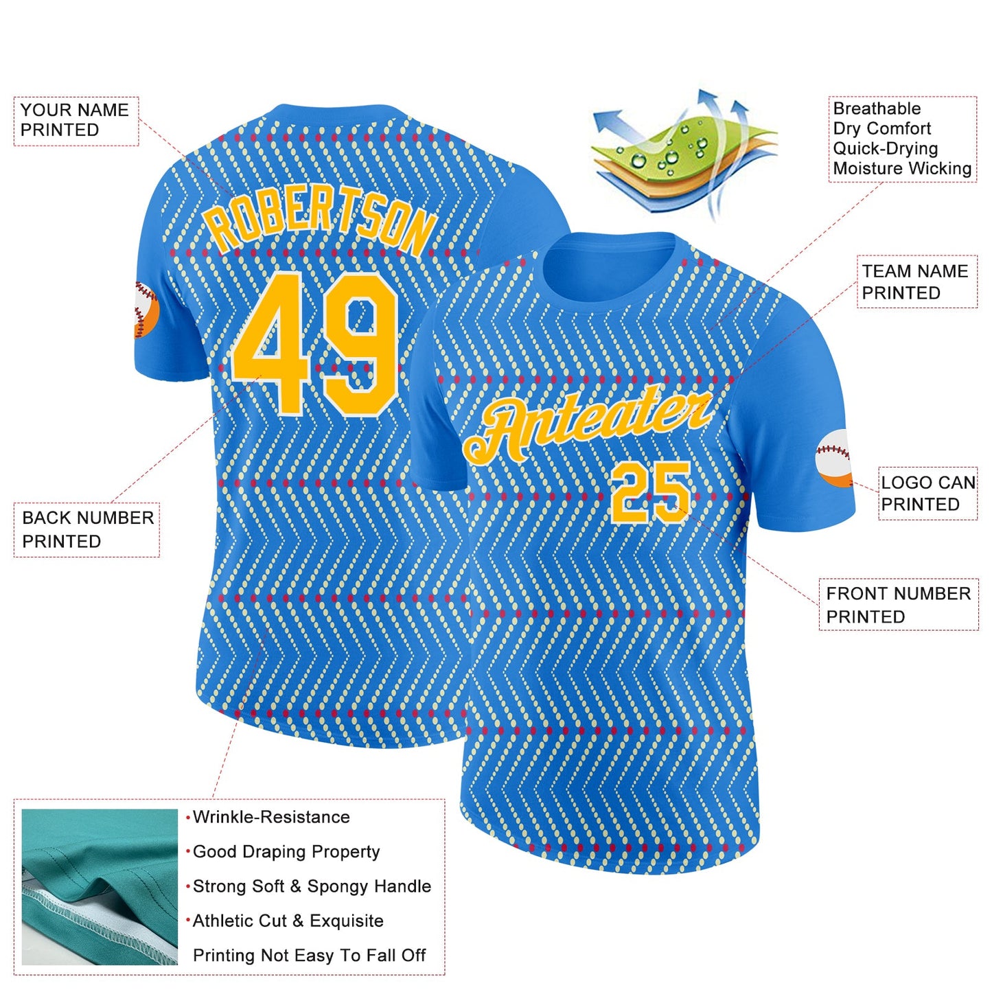 Custom Powder Blue Gold Cream Red-White 3D Esports Performance T-Shirt view 2