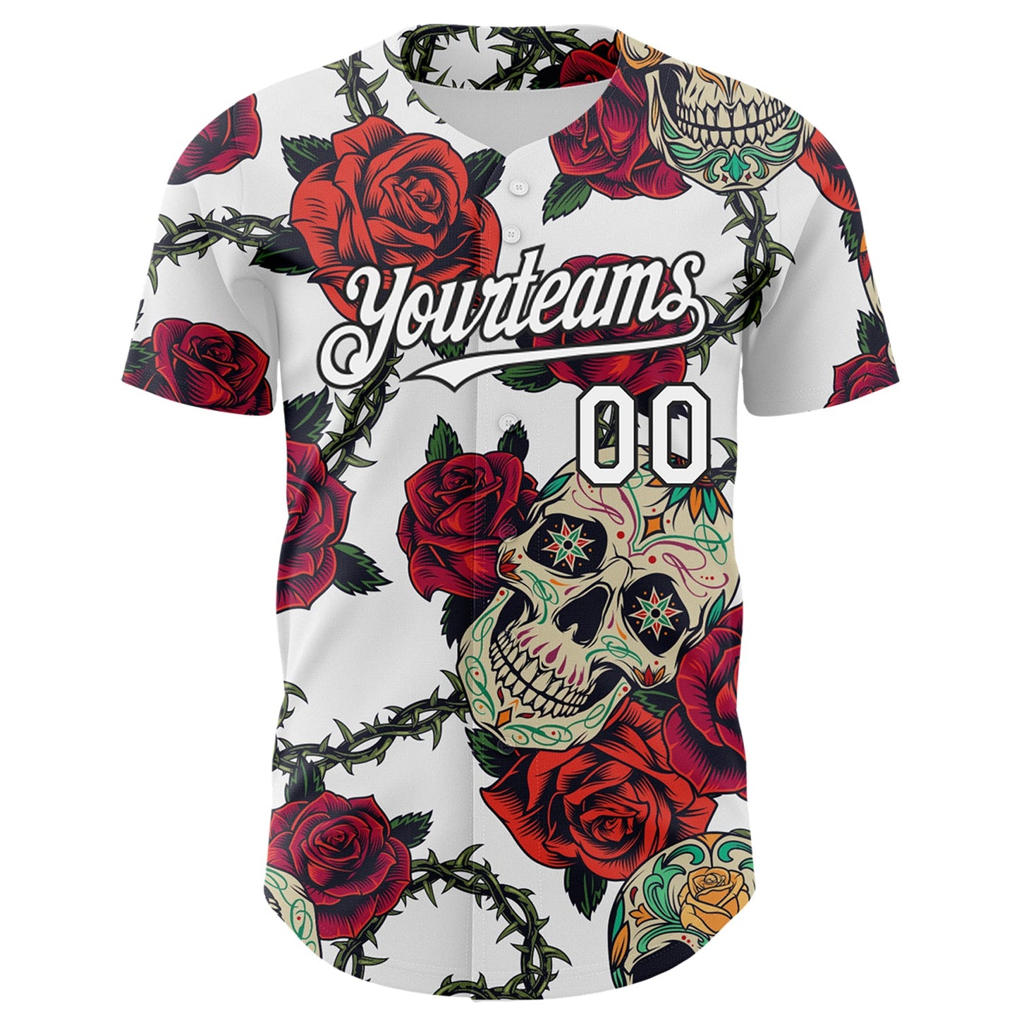 Custom White Black 3D Mexican Skull And Flower Authentic Baseball Jersey view 2