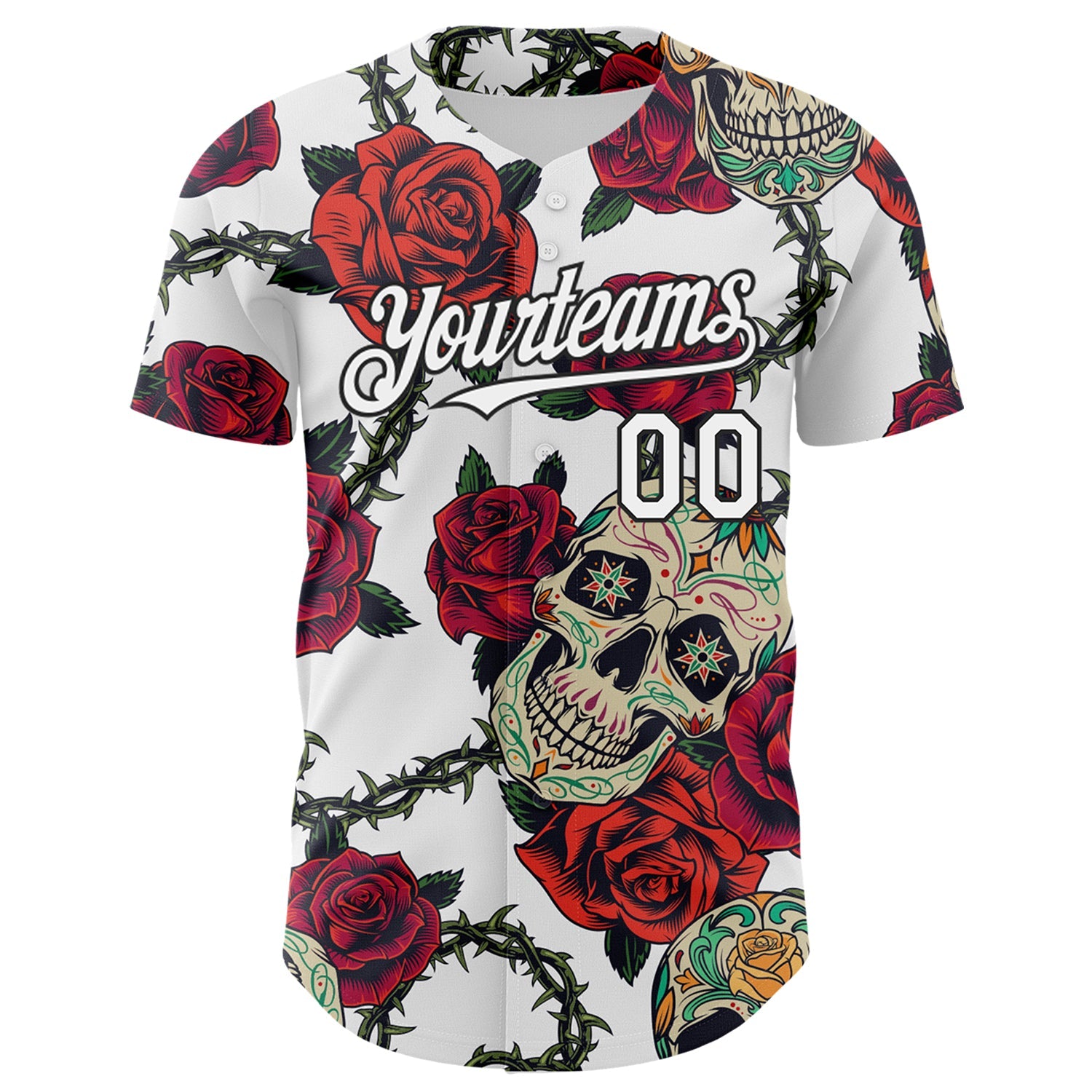 Custom White Black 3D Mexican Skull And Flower Authentic Baseball Jersey view 2