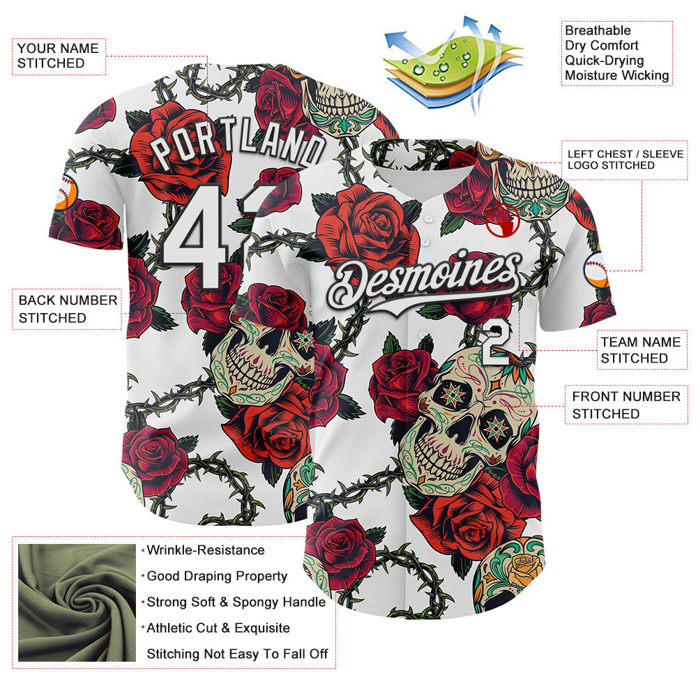 Custom White Black 3D Mexican Skull And Flower Authentic Baseball Jersey view 3