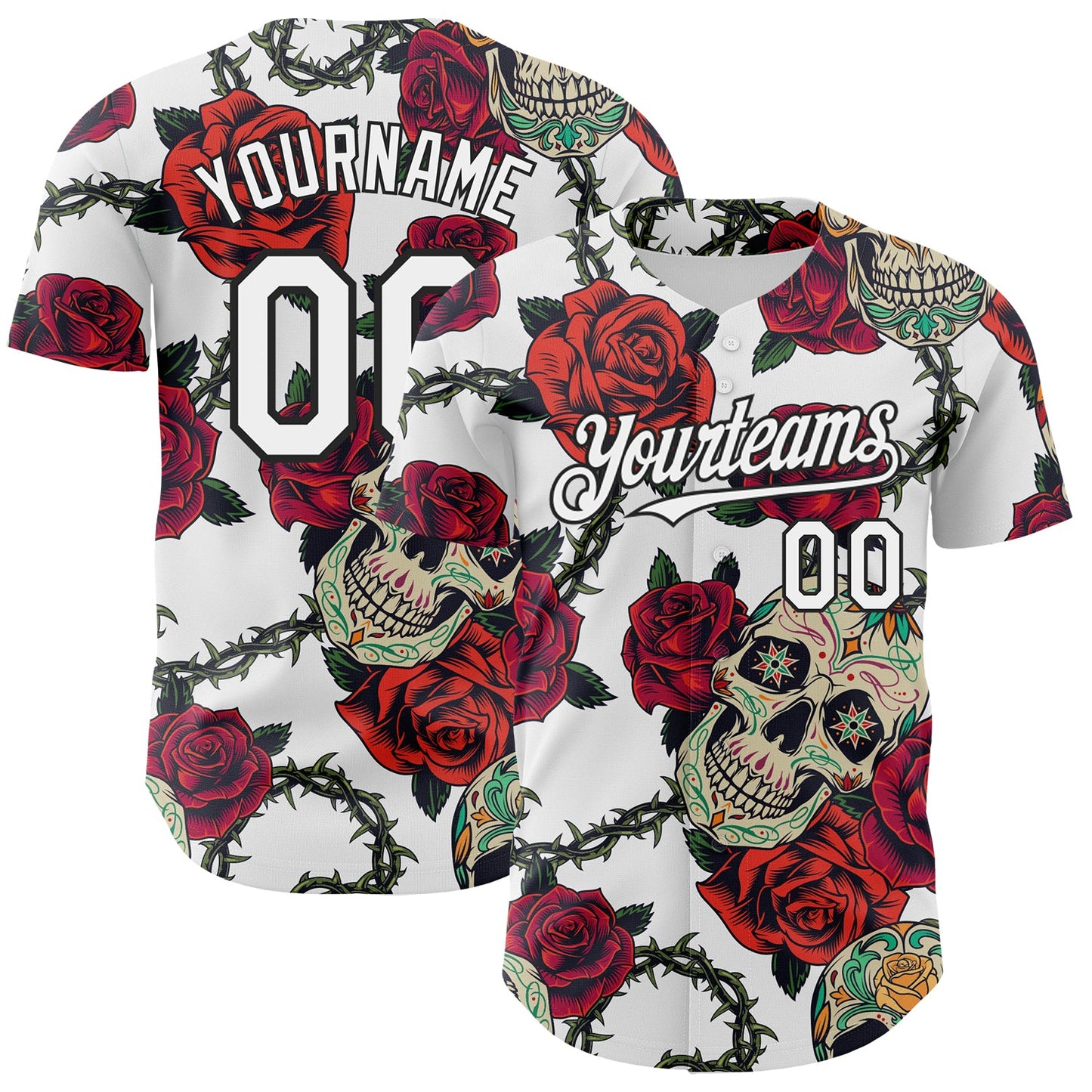 Custom White Black 3D Mexican Skull And Flower Authentic Baseball Jersey - Main View