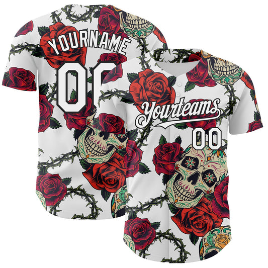 Custom White Black 3D Mexican Skull And Flower Authentic Baseball Jersey - Main View