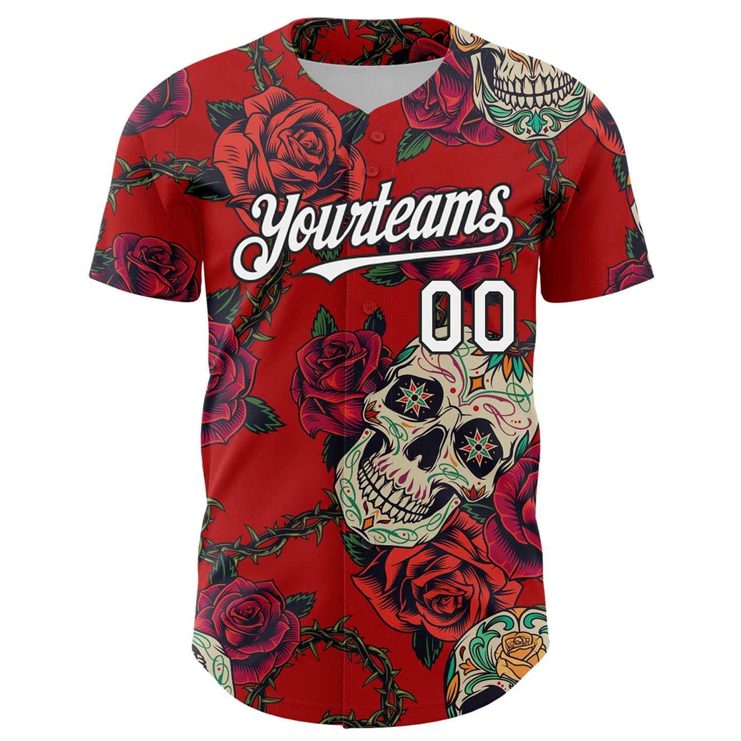 Custom Red White-Black 3D Mexican Skull And Flower Authentic Baseball Jersey view 2