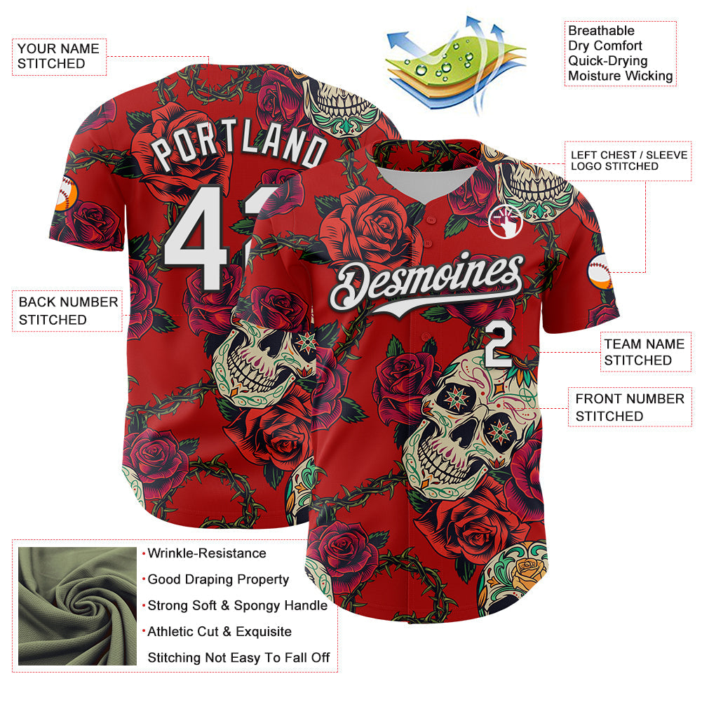 Custom Red White-Black 3D Mexican Skull And Flower Authentic Baseball Jersey view 3