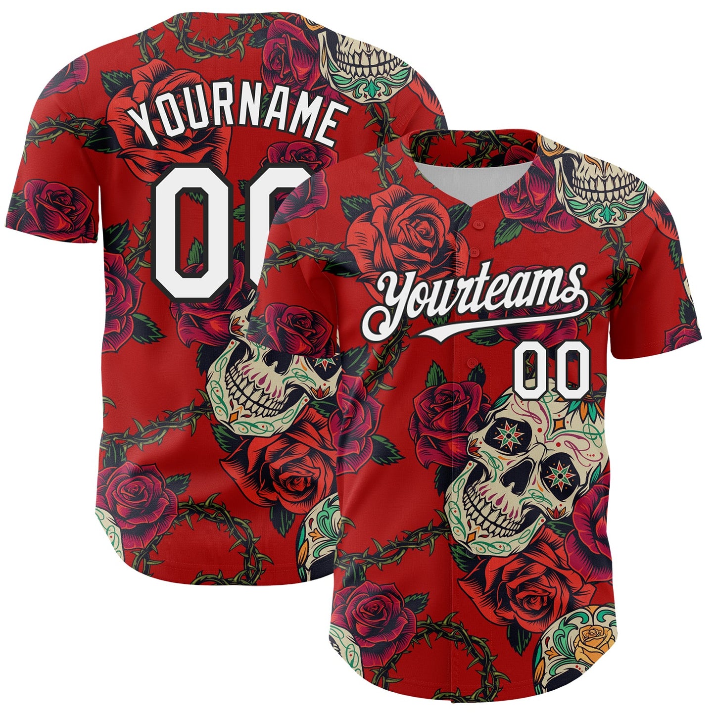 Custom Red White-Black 3D Mexican Skull And Flower Authentic Baseball Jersey - Main View