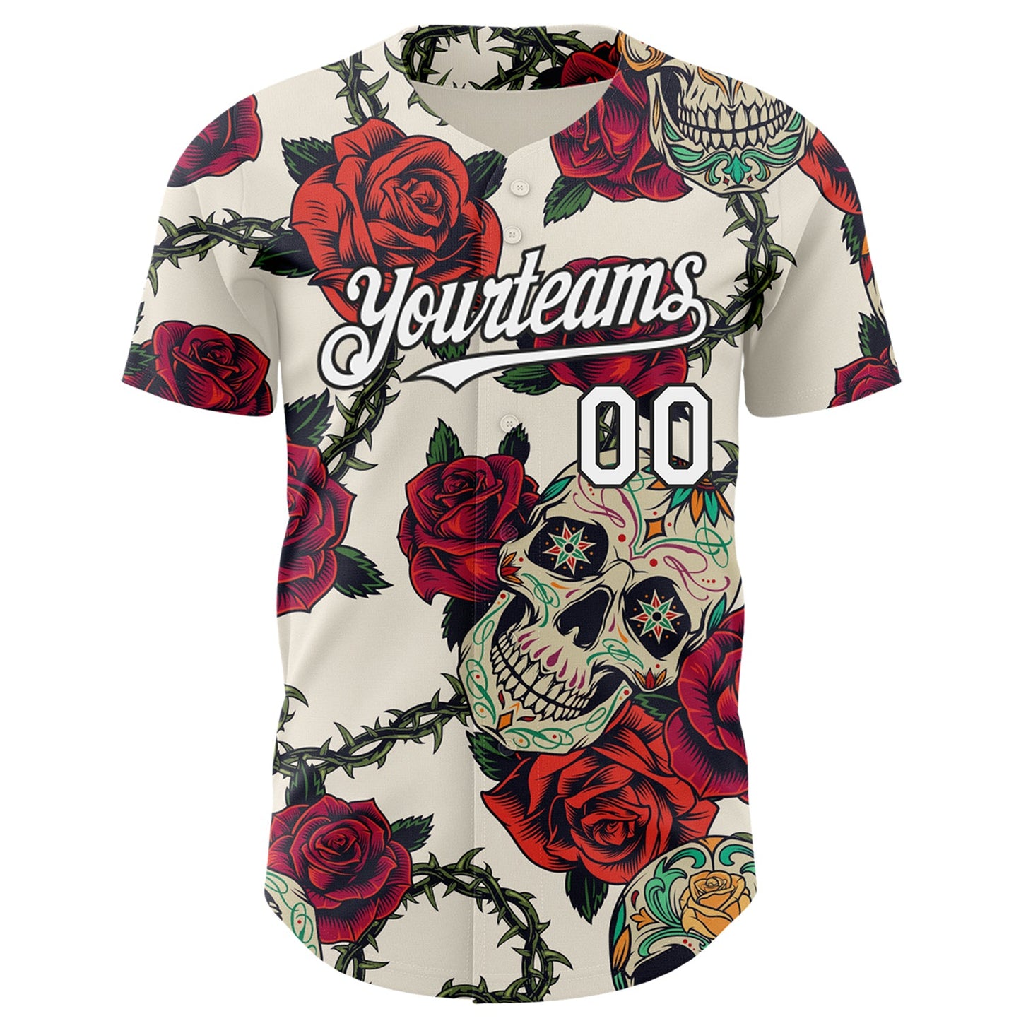 Custom Cream White-Black 3D Mexican Skull And Flower Authentic Baseball Jersey view 2