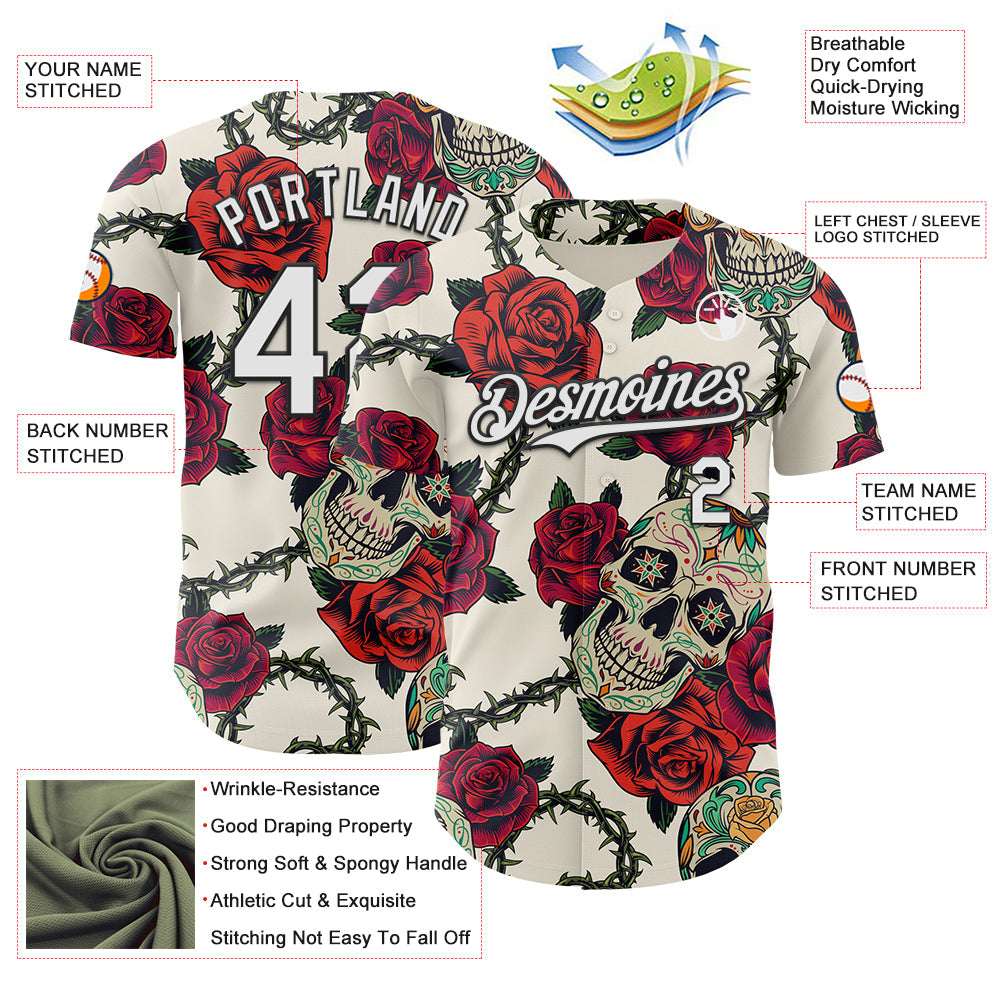 Custom Cream White-Black 3D Mexican Skull And Flower Authentic Baseball Jersey view 3