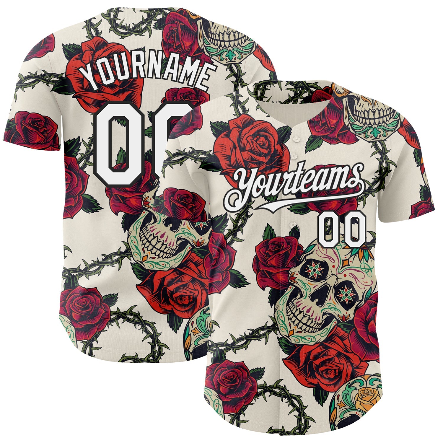 Custom Cream White-Black 3D Mexican Skull And Flower Authentic Baseball Jersey - Main View
