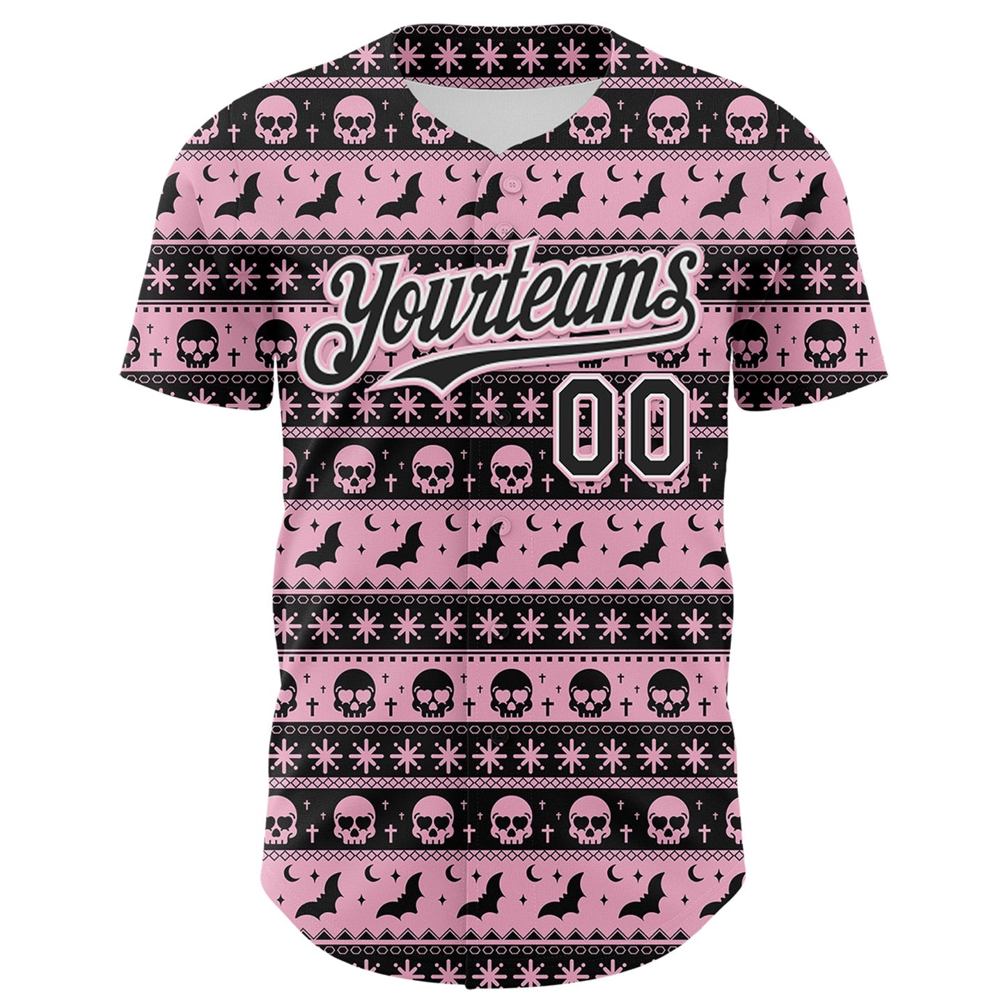 Custom Black Light Pink-White 3D Gothic Skull Authentic Baseball Jersey view 2
