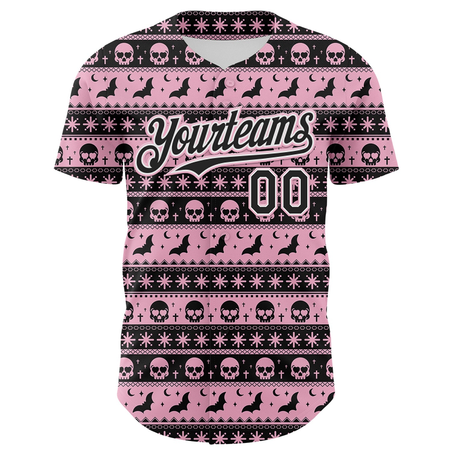 Custom Black Light Pink-White 3D Gothic Skull Authentic Baseball Jersey view 2