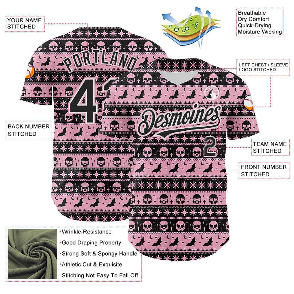 Custom Black Light Pink-White 3D Gothic Skull Authentic Baseball Jersey view 3