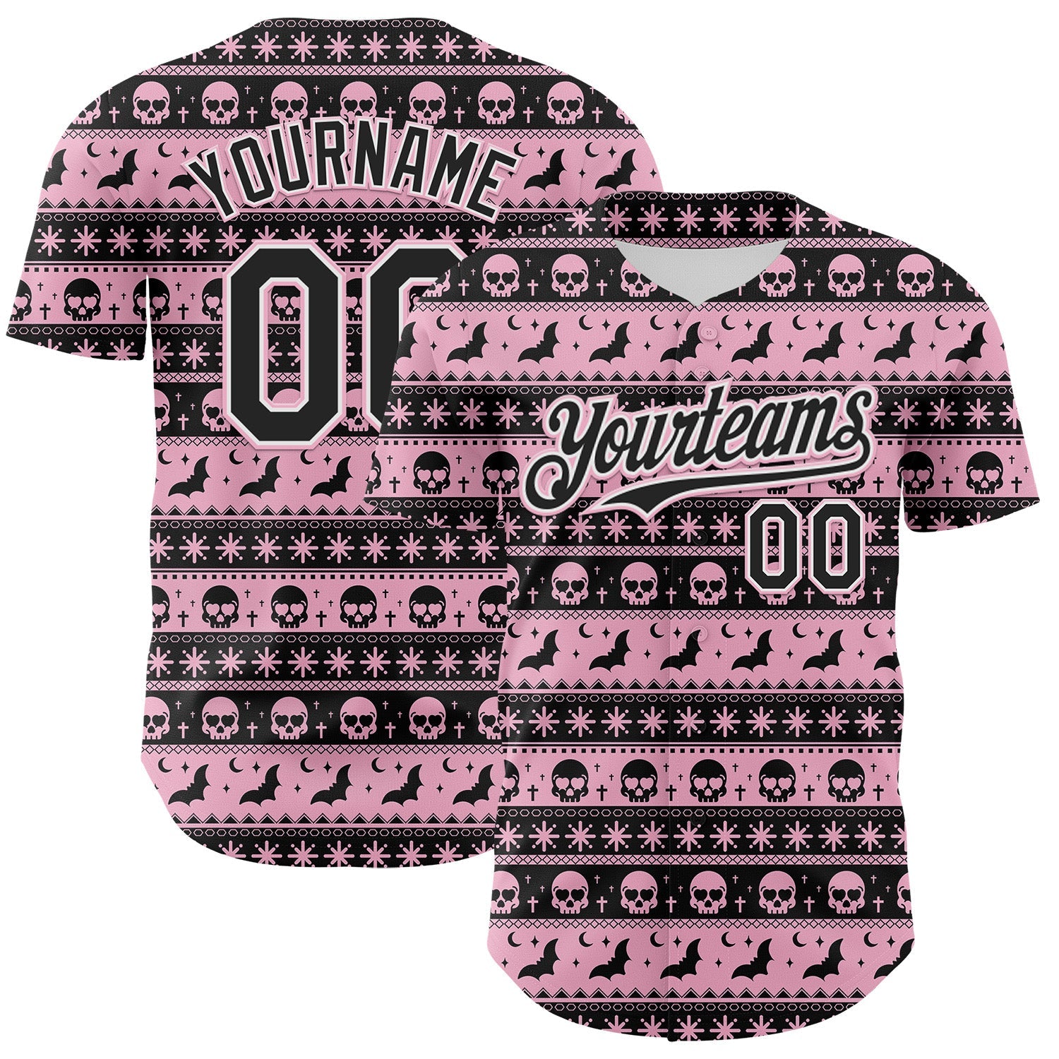 Custom Black Light Pink-White 3D Gothic Skull Authentic Baseball Jersey - Main View