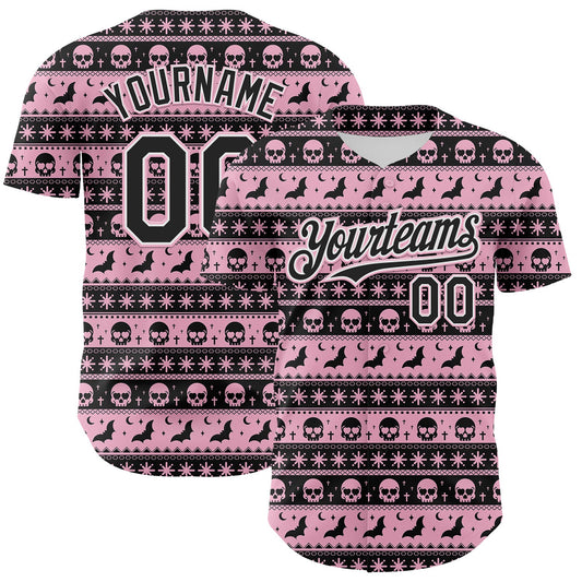 Custom Black Light Pink-White 3D Gothic Skull Authentic Baseball Jersey - Main View
