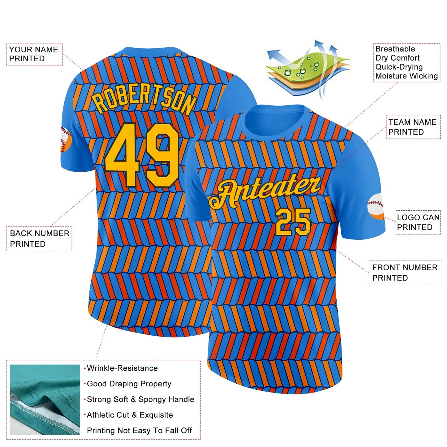 Custom Powder Blue Orange US Navy Blue-Black 3D Esports Performance T-Shirt view 2