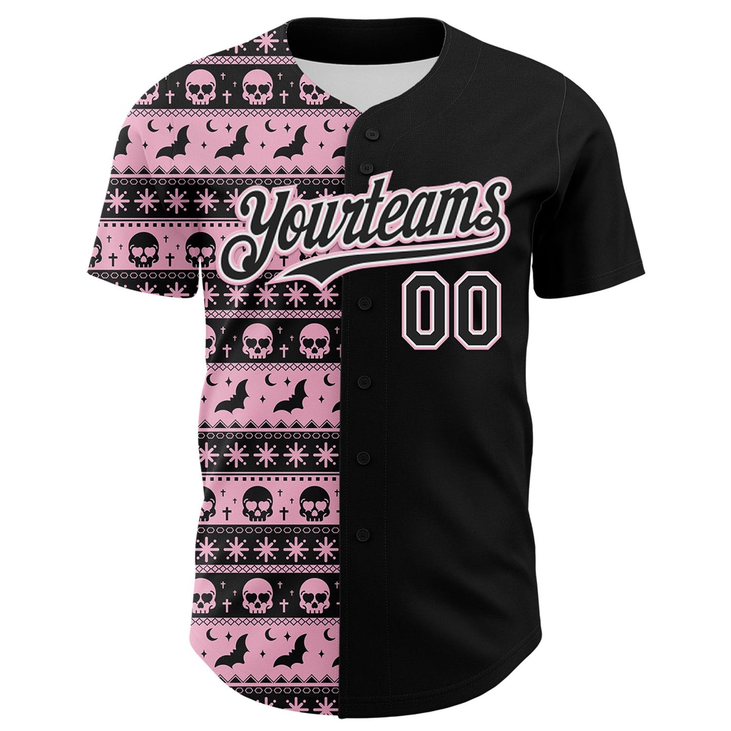 Custom Black Light Pink-White 3D Gothic Skull Authentic Baseball Jersey view 2