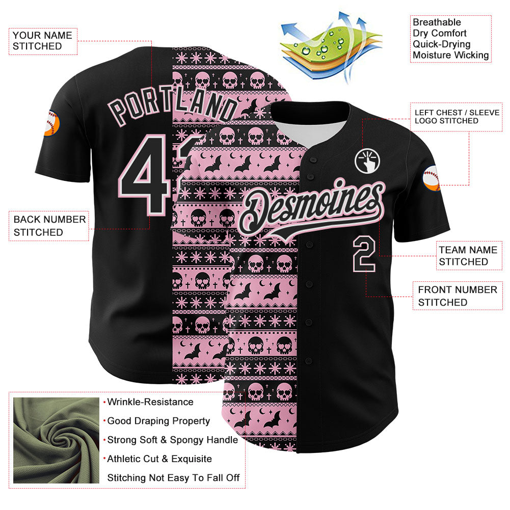 Custom Black Light Pink-White 3D Gothic Skull Authentic Baseball Jersey view 3