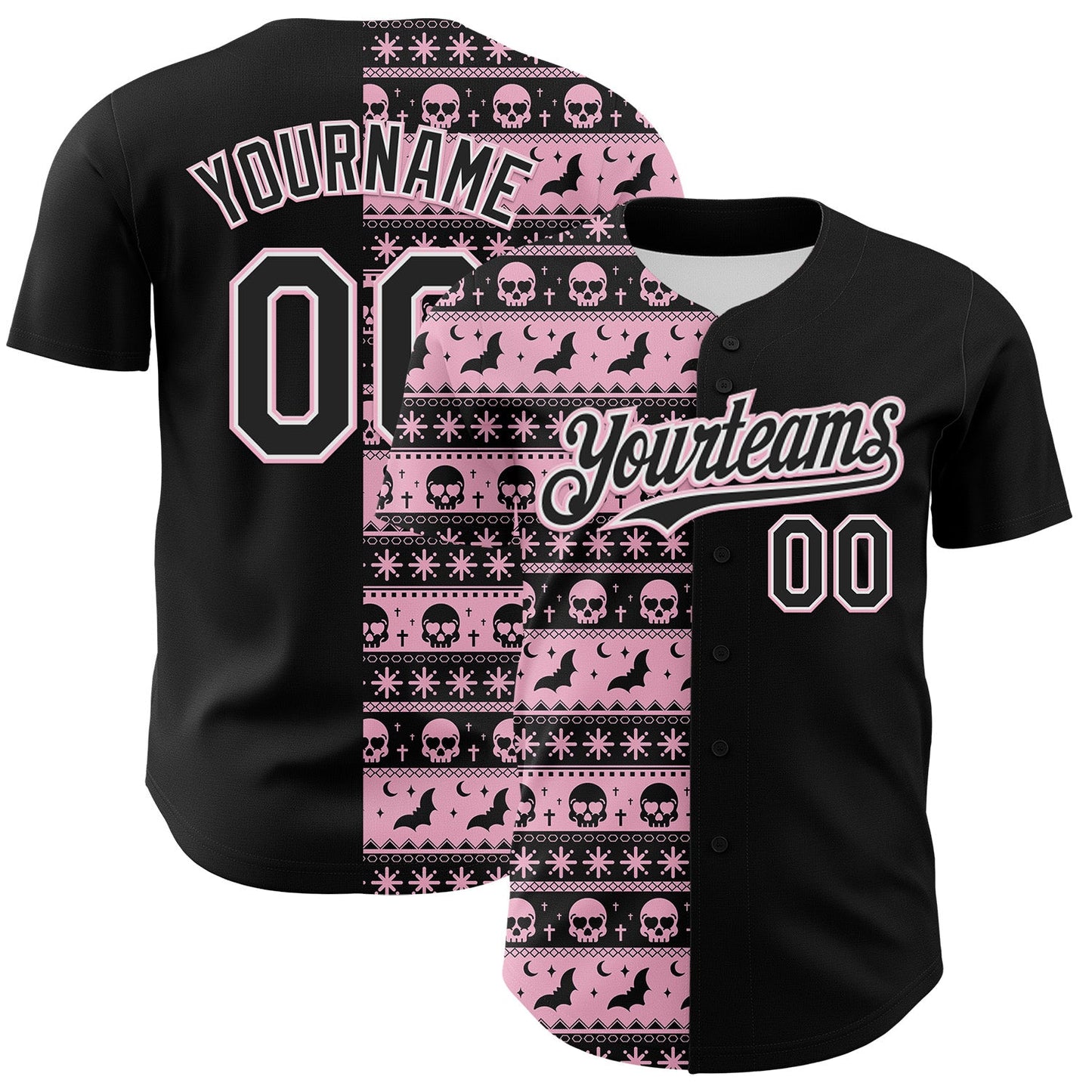 Custom Black Light Pink-White 3D Gothic Skull Authentic Baseball Jersey - Main View