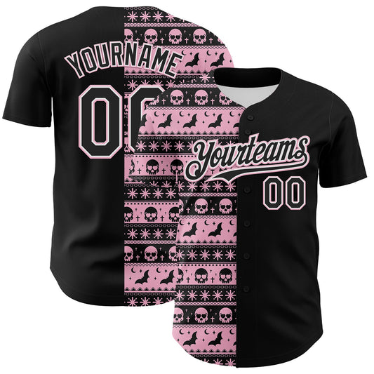 Custom Black Light Pink-White 3D Gothic Skull Authentic Baseball Jersey - Main View