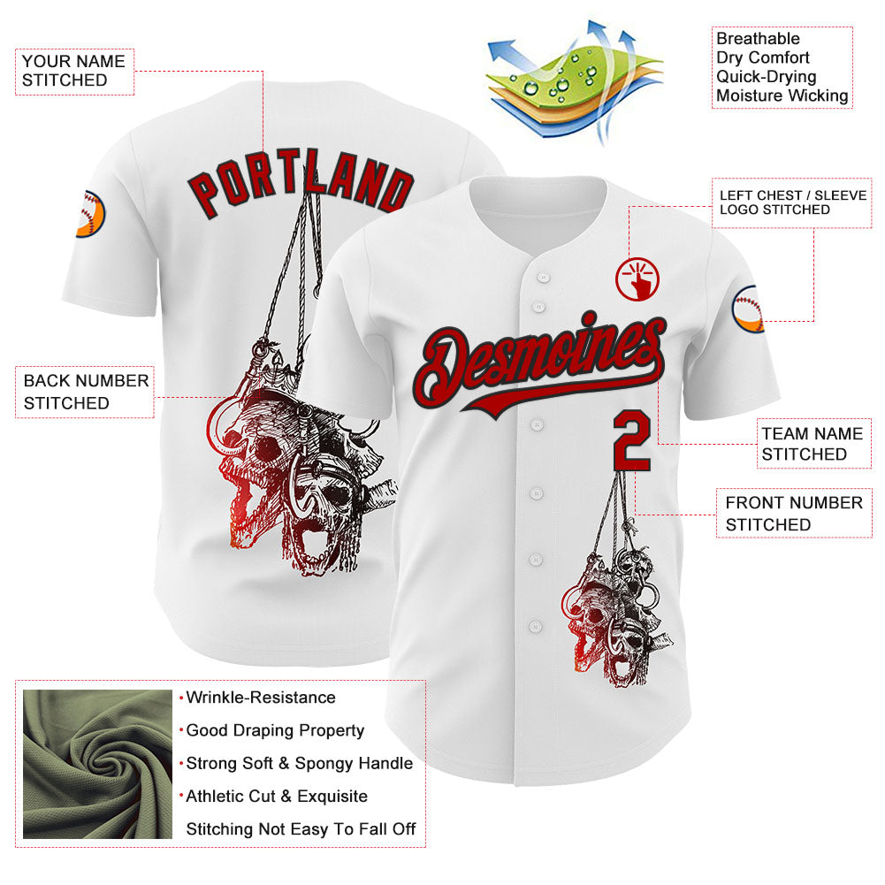 Custom White Red-Black 3D Skull Authentic Baseball Jersey view 3