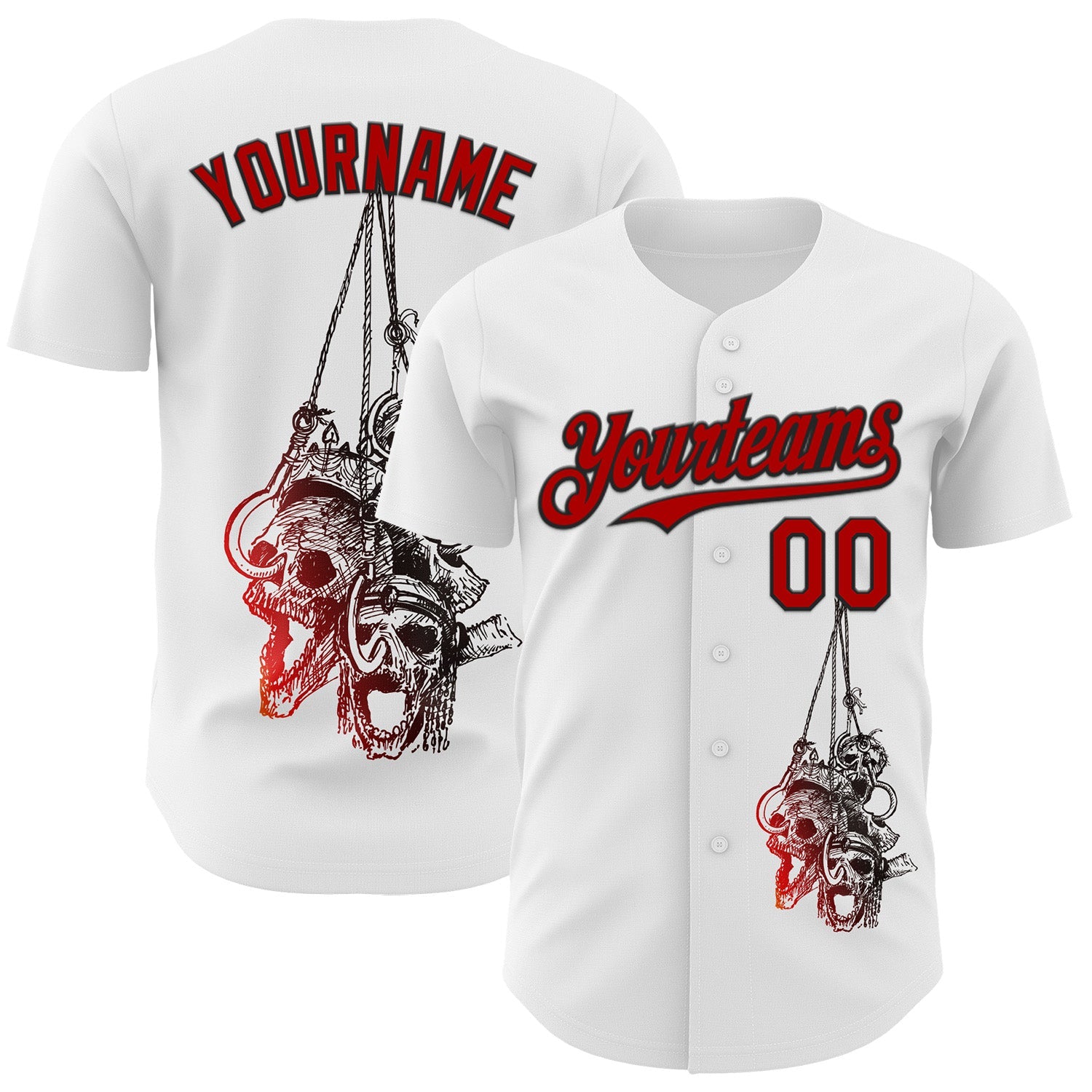 Custom White Red-Black 3D Skull Authentic Baseball Jersey - Main View