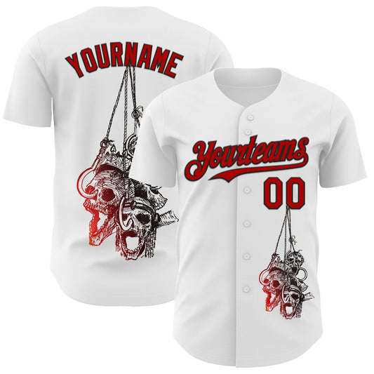 Custom White Red-Black 3D Skull Authentic Baseball Jersey - Main View
