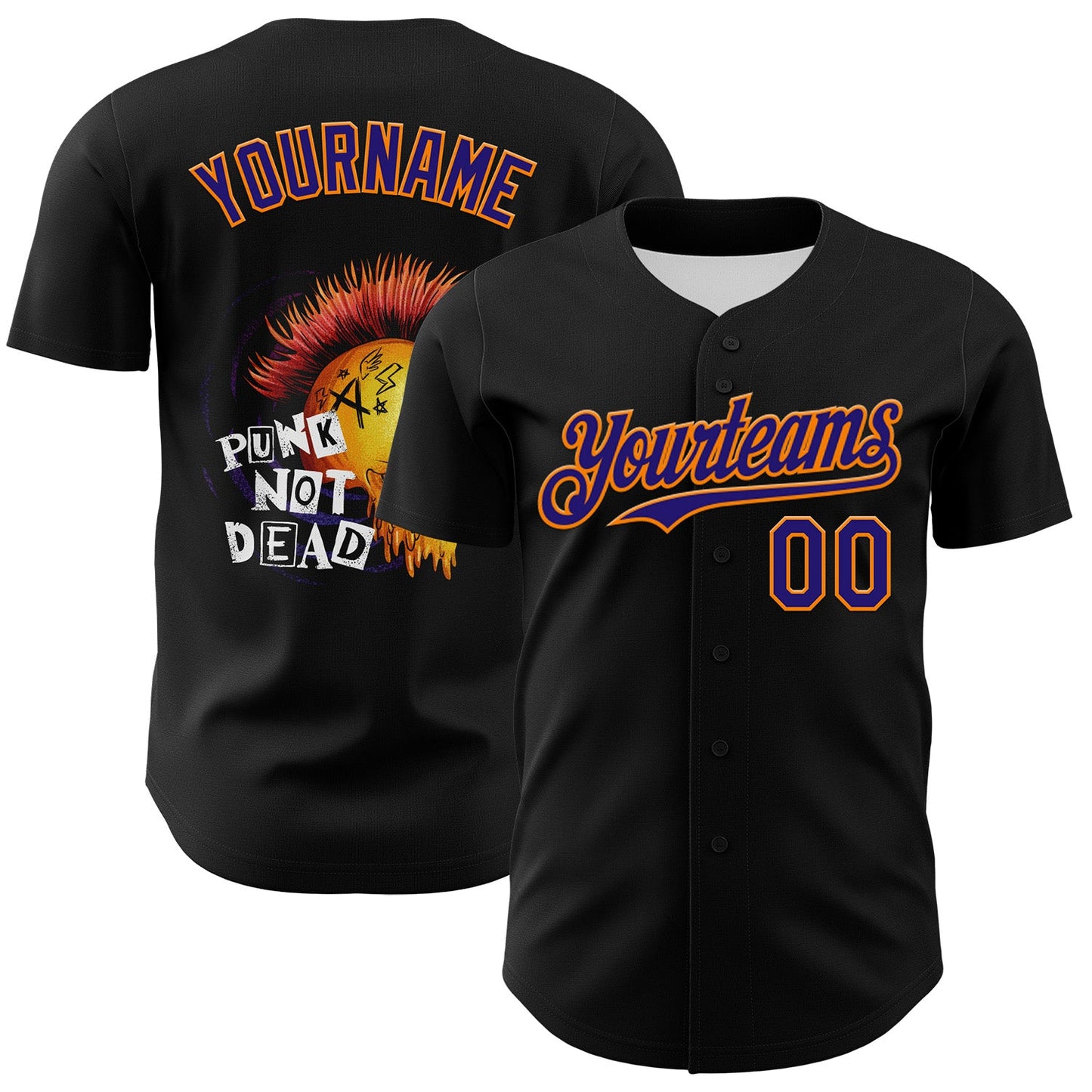 Custom Black Dark Purple-Bay Orange 3D Punk Rock Skull Authentic Baseball Jersey - Main View