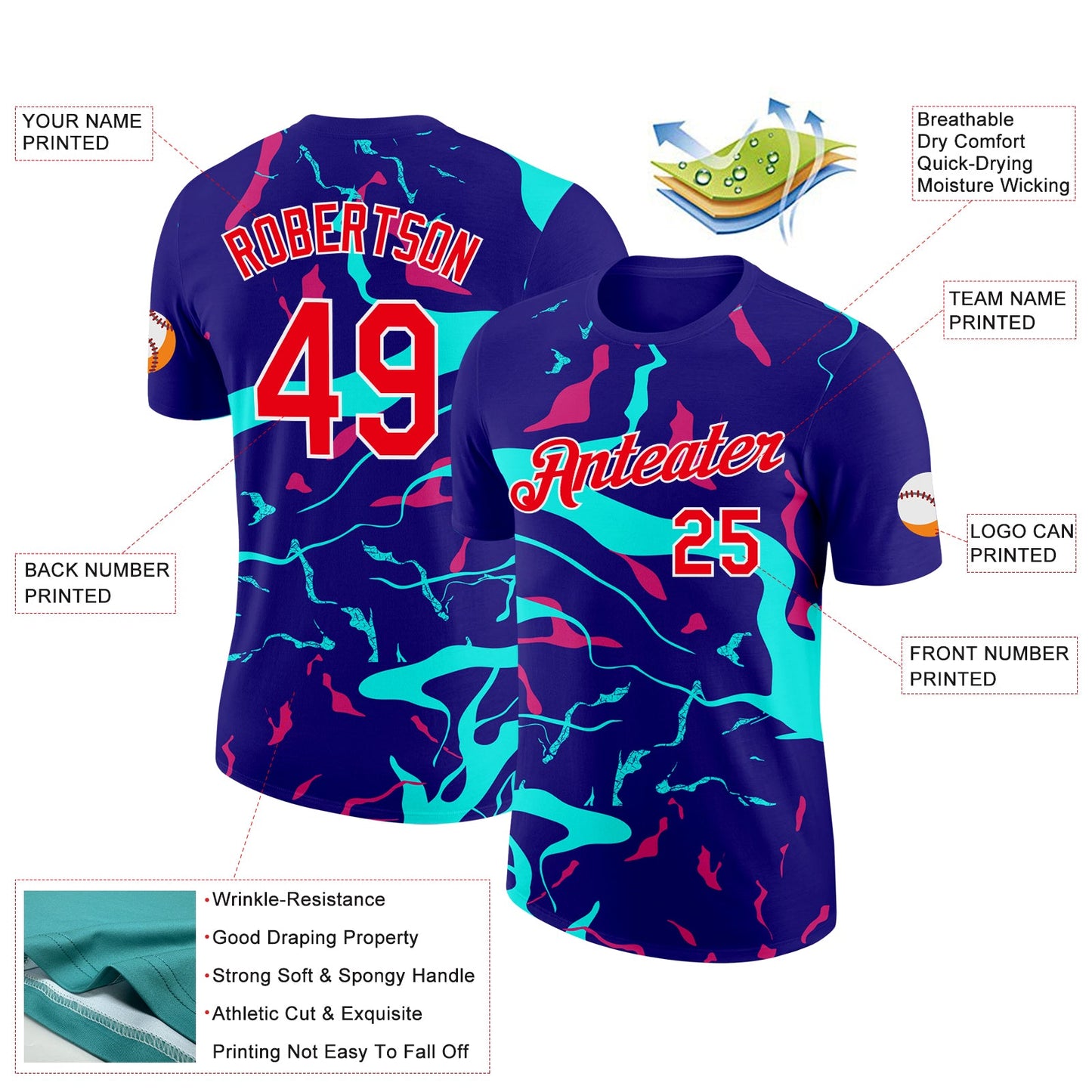 Custom Dark Purple Fire Red Ice Blue-Hot Pink 3D Esports Performance T-Shirt view 2