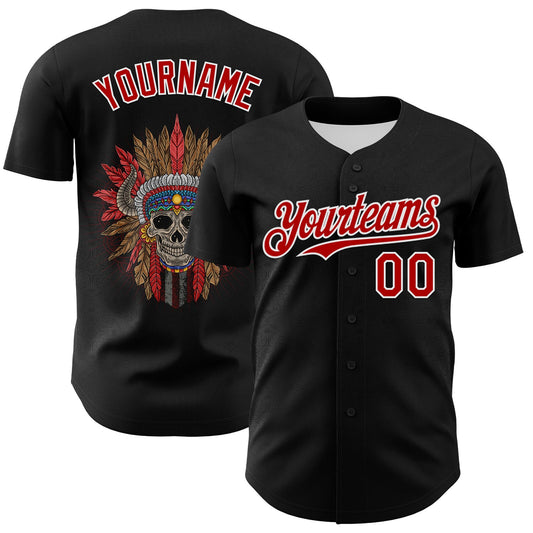 Custom Black Red-White 3D Apache Skull Authentic Baseball Jersey - Main View