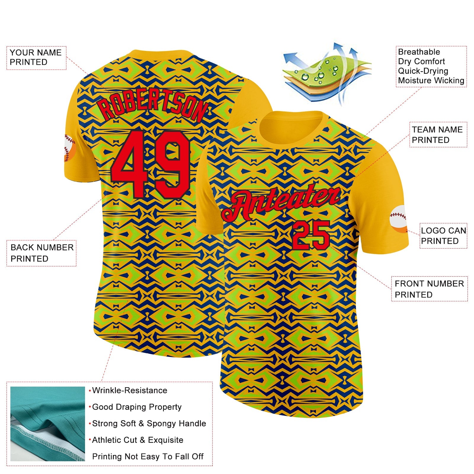 Custom Gold Fire Red US Navy Blue Aurora Green-Black 3D Esports Performance T-Shirt view 2
