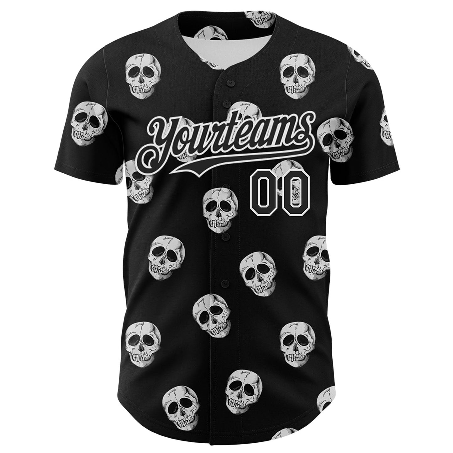 Custom Black White 3D Skull Authentic Baseball Jersey view 2
