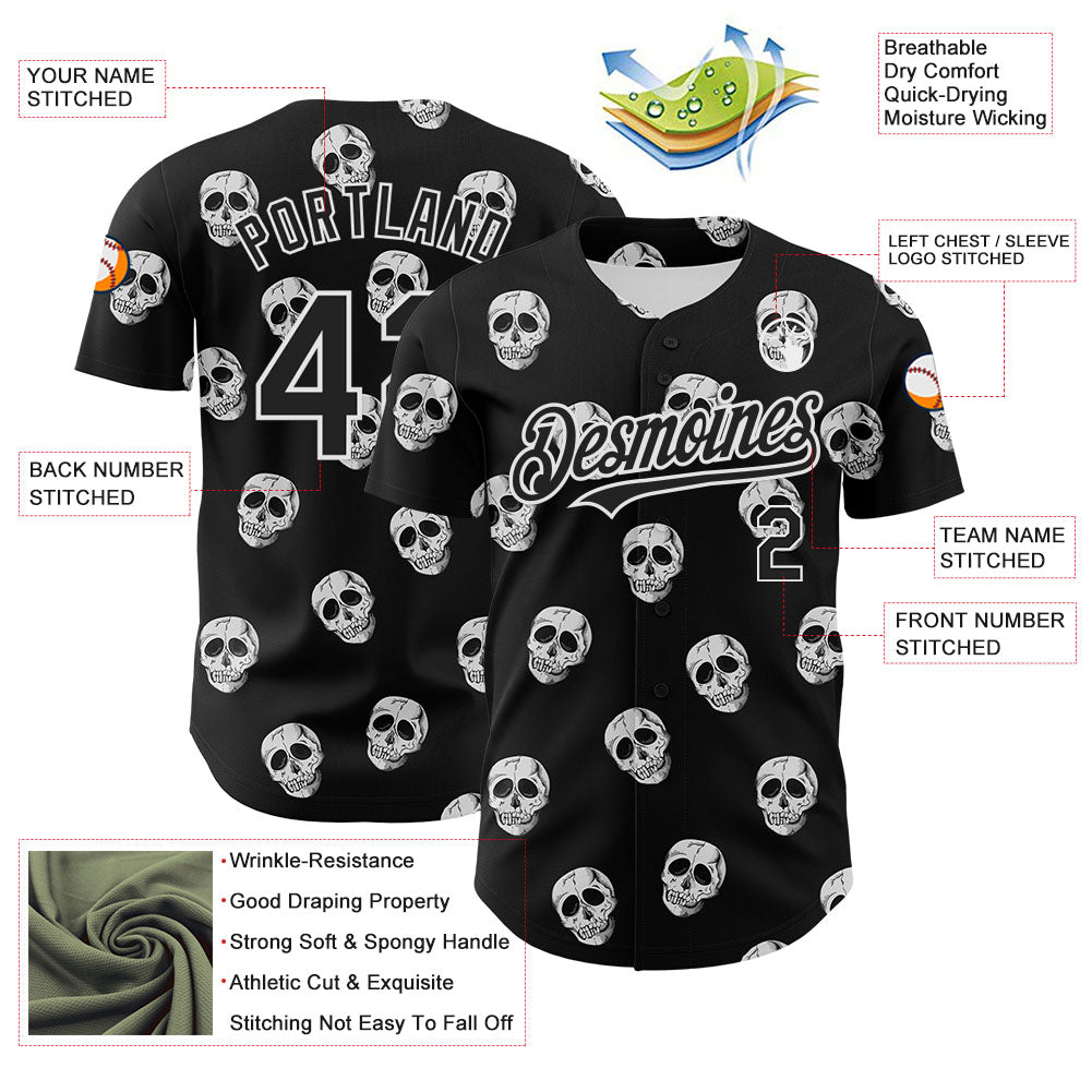 Custom Black White 3D Skull Authentic Baseball Jersey view 3
