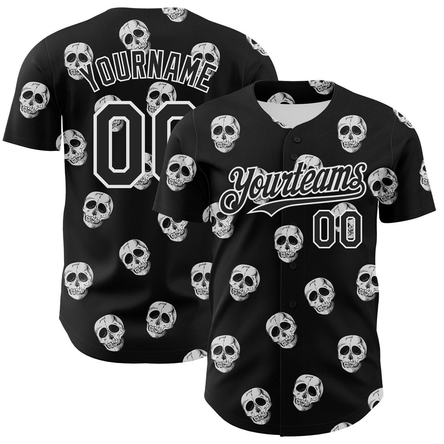 Custom Black White 3D Skull Authentic Baseball Jersey - Main View