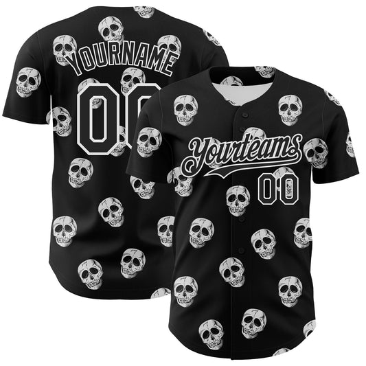 Custom Black White 3D Skull Authentic Baseball Jersey - Main View