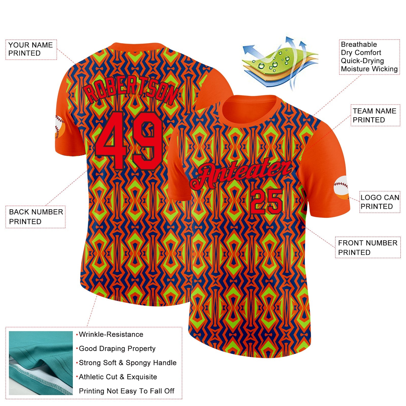 Custom Orange Fire Red US Navy Blue Aurora Green-Black 3D Esports Performance T-Shirt view 2