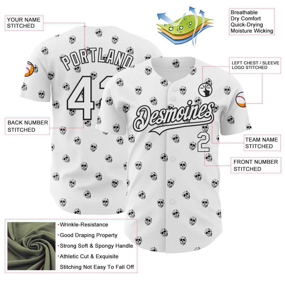 Custom White Black 3D Skull Authentic Baseball Jersey view 3