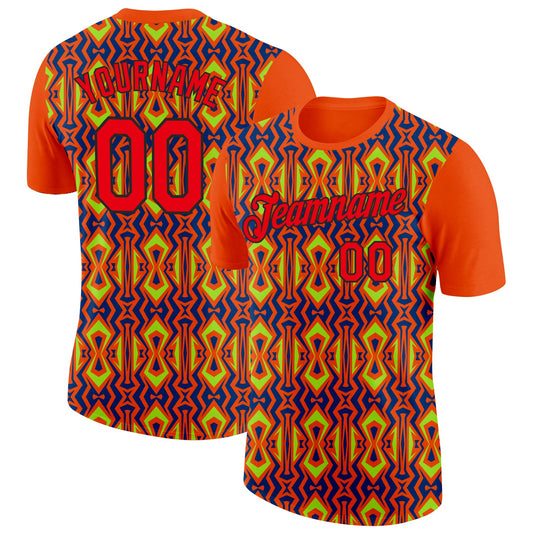 Custom Orange Fire Red US Navy Blue Aurora Green-Black 3D Esports Performance T-Shirt - Main View
