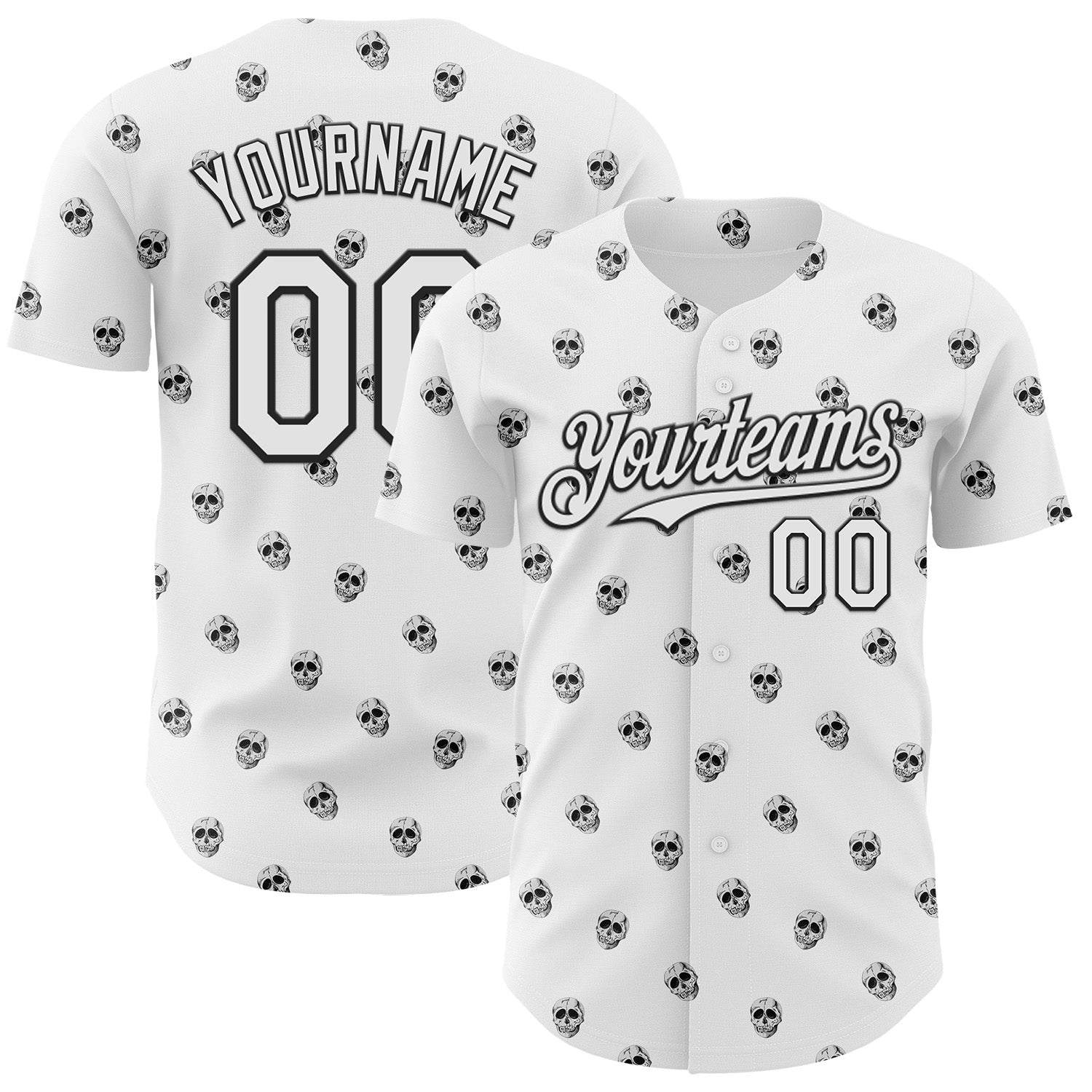 Custom White Black 3D Skull Authentic Baseball Jersey - Main View