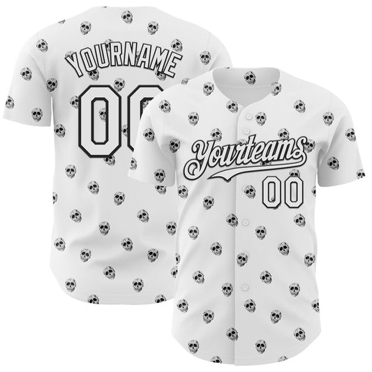 Custom White Black 3D Skull Authentic Baseball Jersey - Main View