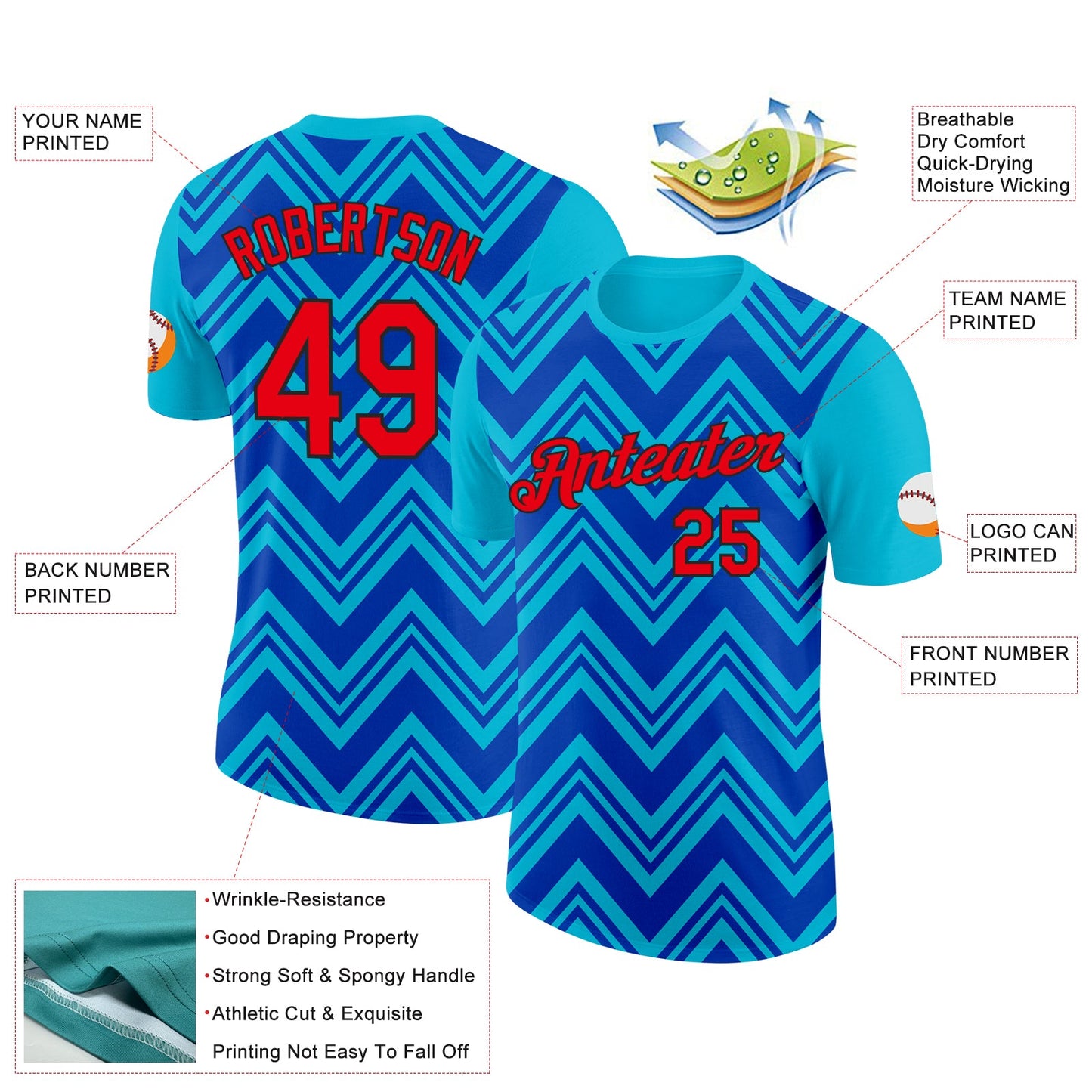 Custom Lakes Blue Fire Red Thunder Blue-Black 3D Esports Performance T-Shirt view 2