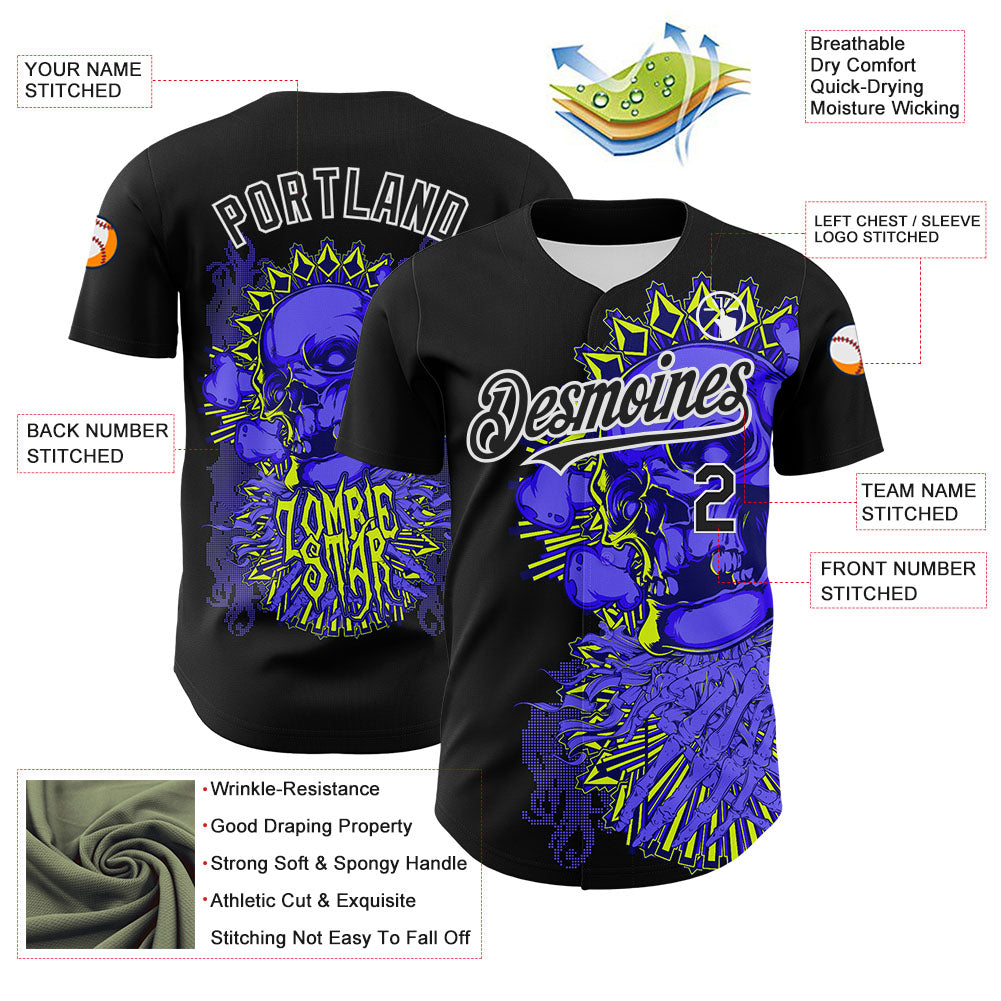 Custom Black White 3D Zombie Skull Authentic Baseball Jersey view 3