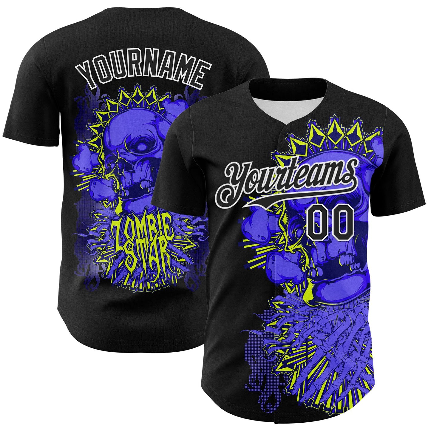 Custom Black White 3D Zombie Skull Authentic Baseball Jersey - Main View