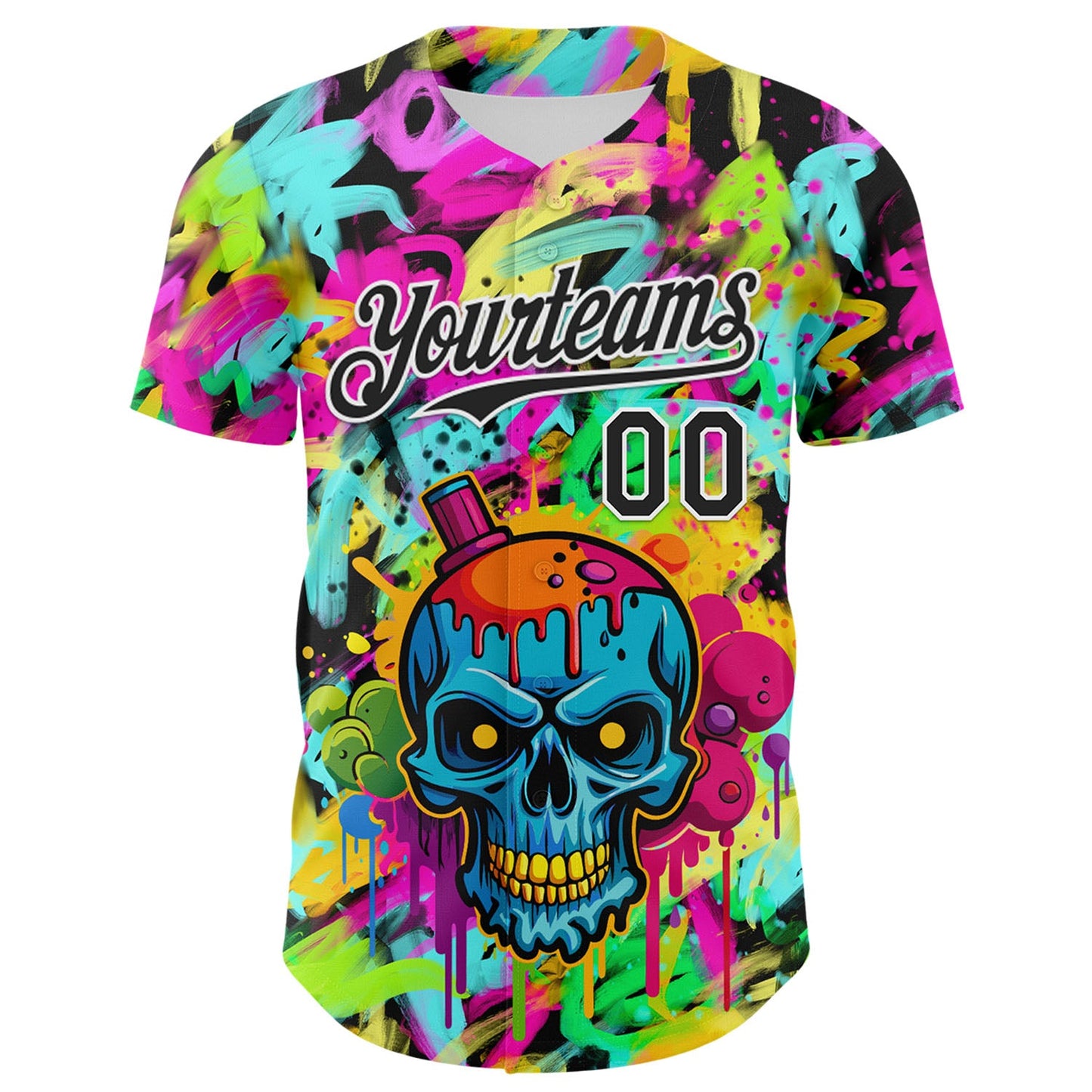 Custom Black White 3D Graffiti Skull Authentic Baseball Jersey view 2