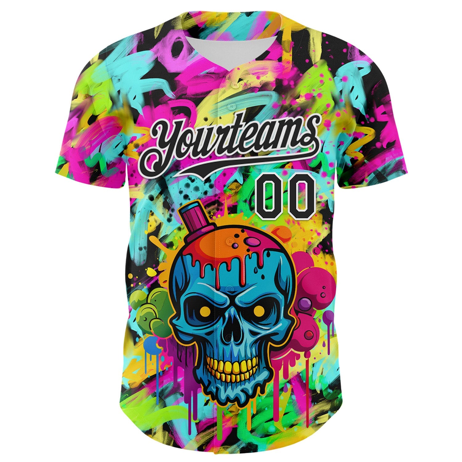 Custom Black White 3D Graffiti Skull Authentic Baseball Jersey view 2